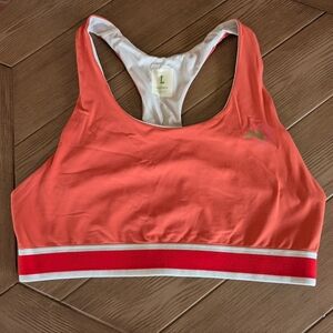 Tracksmith Coral Sports Bra with Red and White Trim